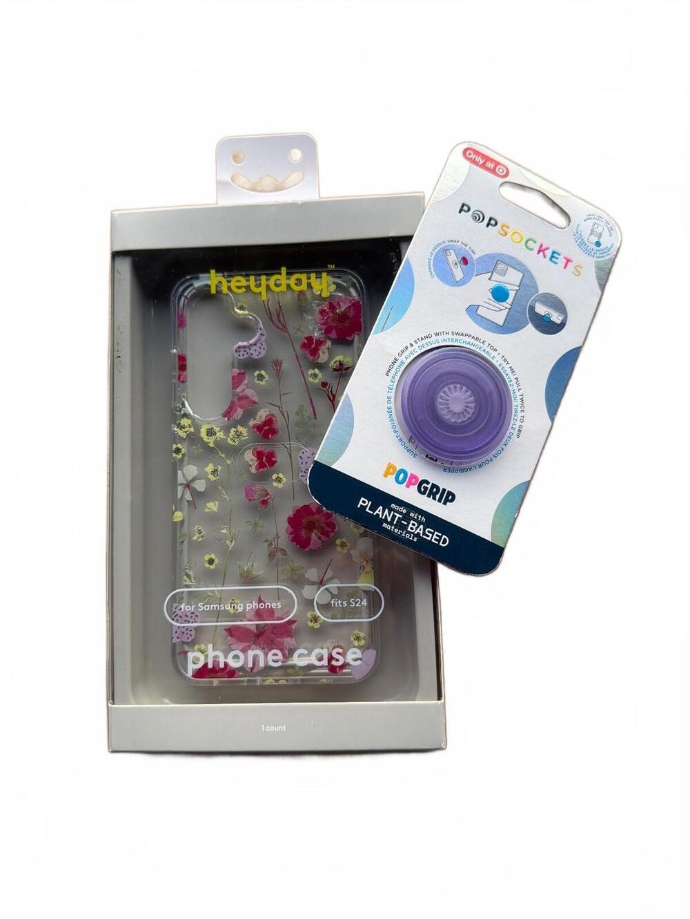 Samsung S24 Case & PopSockets PopGrip in Purple Floral Clear Phone Case Bundle